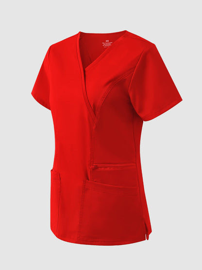 Venus Mock Wrap Scrub Top, Red, Angled Front View