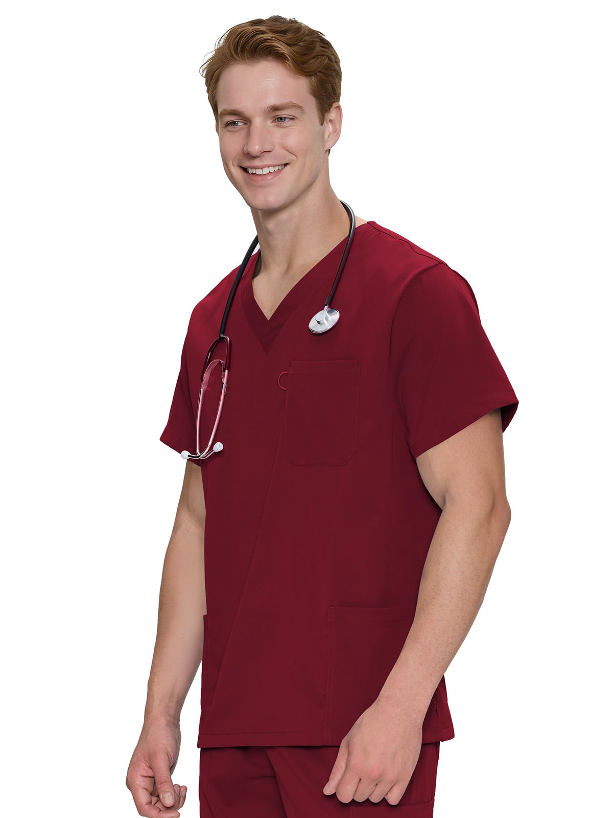 Orion V-Neck Scrub Top, Burgundy, Angled Front View