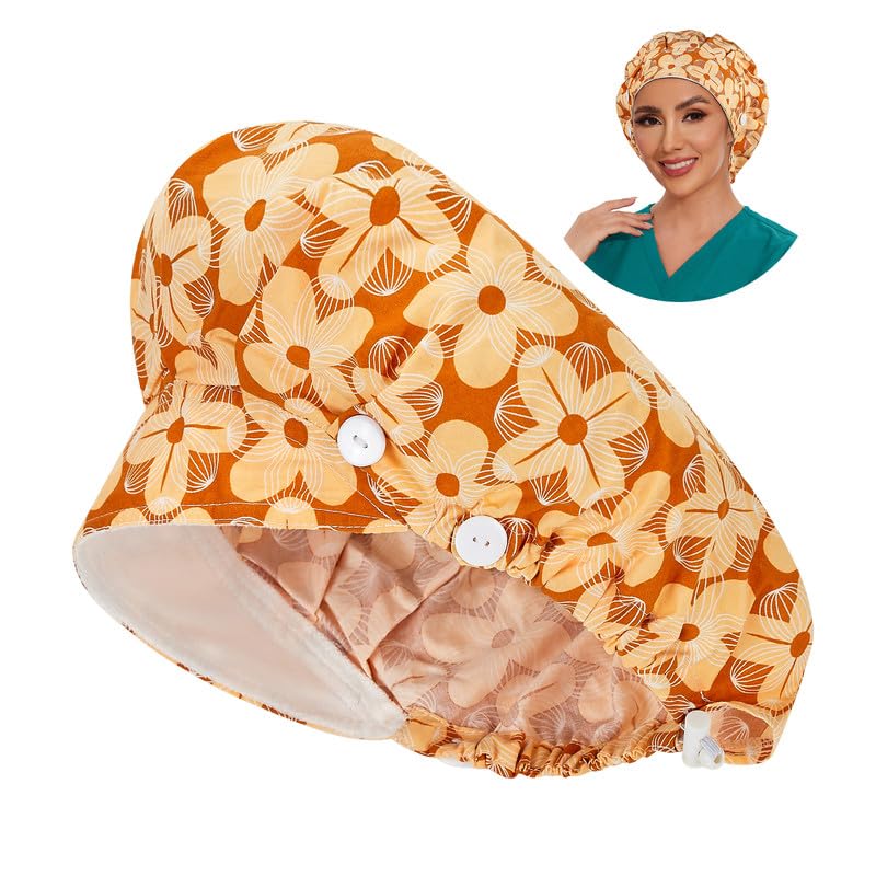 Adjustable Button Scrub Cap — B17-Golden Bloom — Single Layer — 1