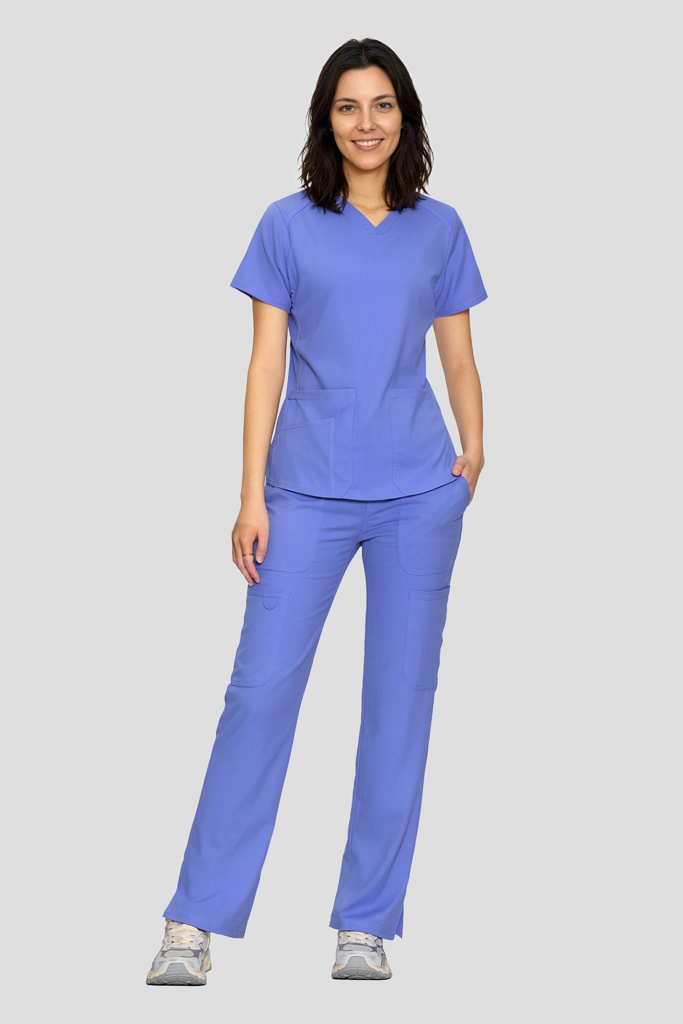 Scrubs for Women Set, V-Neck Top & Straight Leg Cargo Pants. 9 Pockets. Side Ribbed Panels, Side Slits, Ultra-Soft Stretch Fabric, Breathable Medical Uniform for Workwear