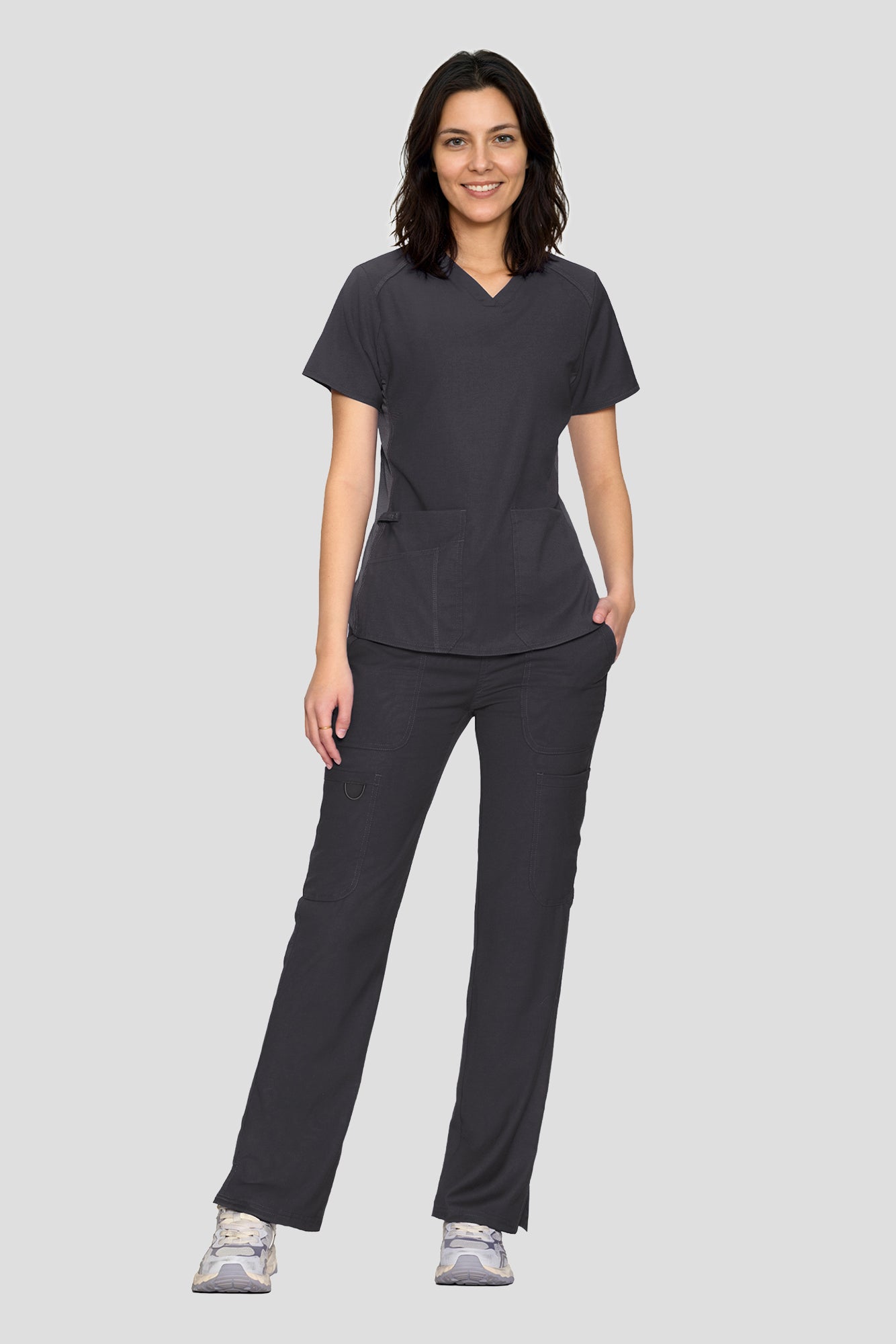 Scrubs for Women Set, V-Neck Top & Straight Leg Cargo Pants. 9 Pockets. Side Ribbed Panels, Side Slits, Ultra-Soft Stretch Fabric, Breathable Medical Uniform for Workwear