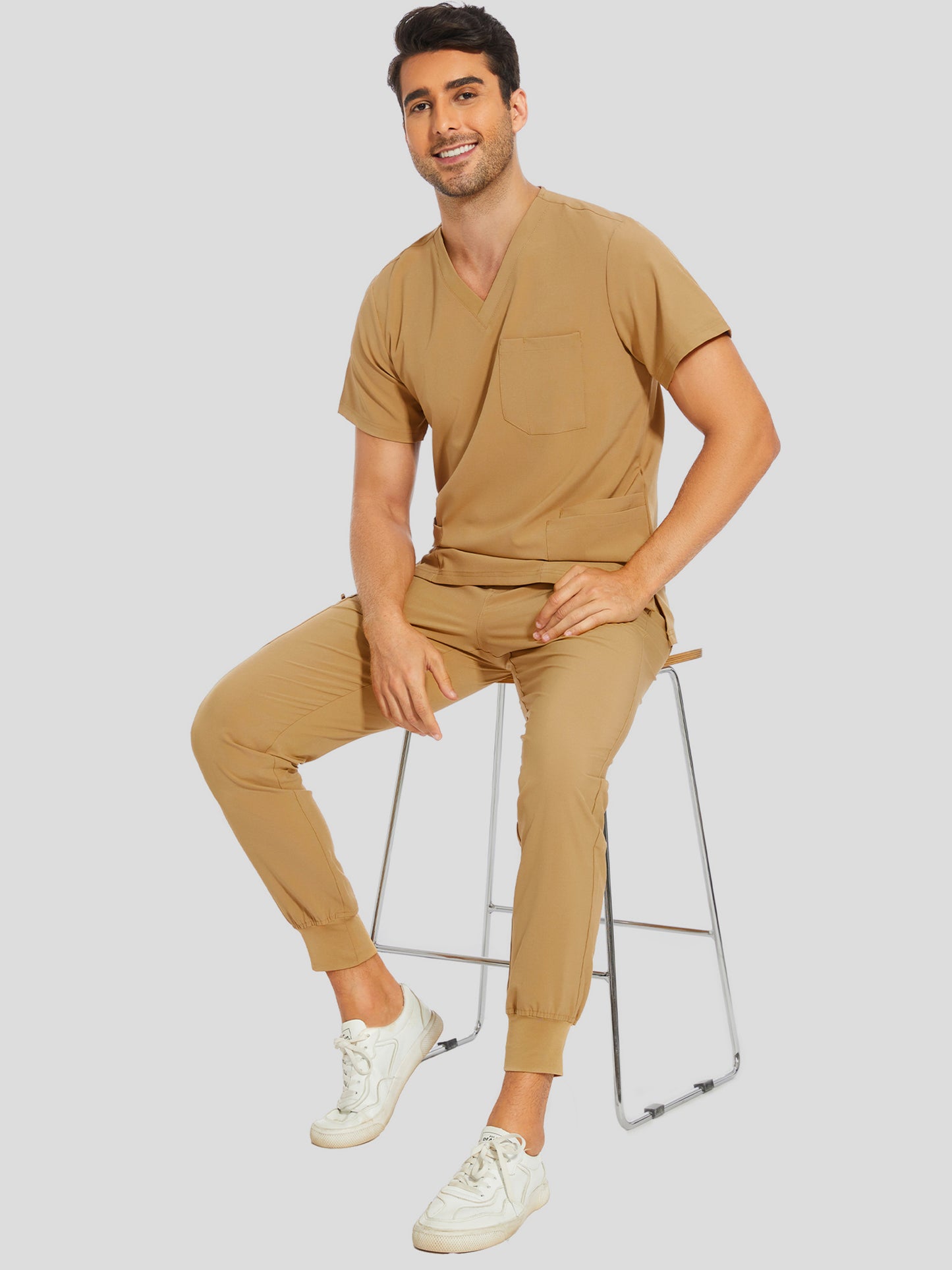 COZYFIT V-Neck Scrub Top & Jogger Pant with 8 Pockets, Yoga Waistband, Anti-Wrinkle Scrubs for Men