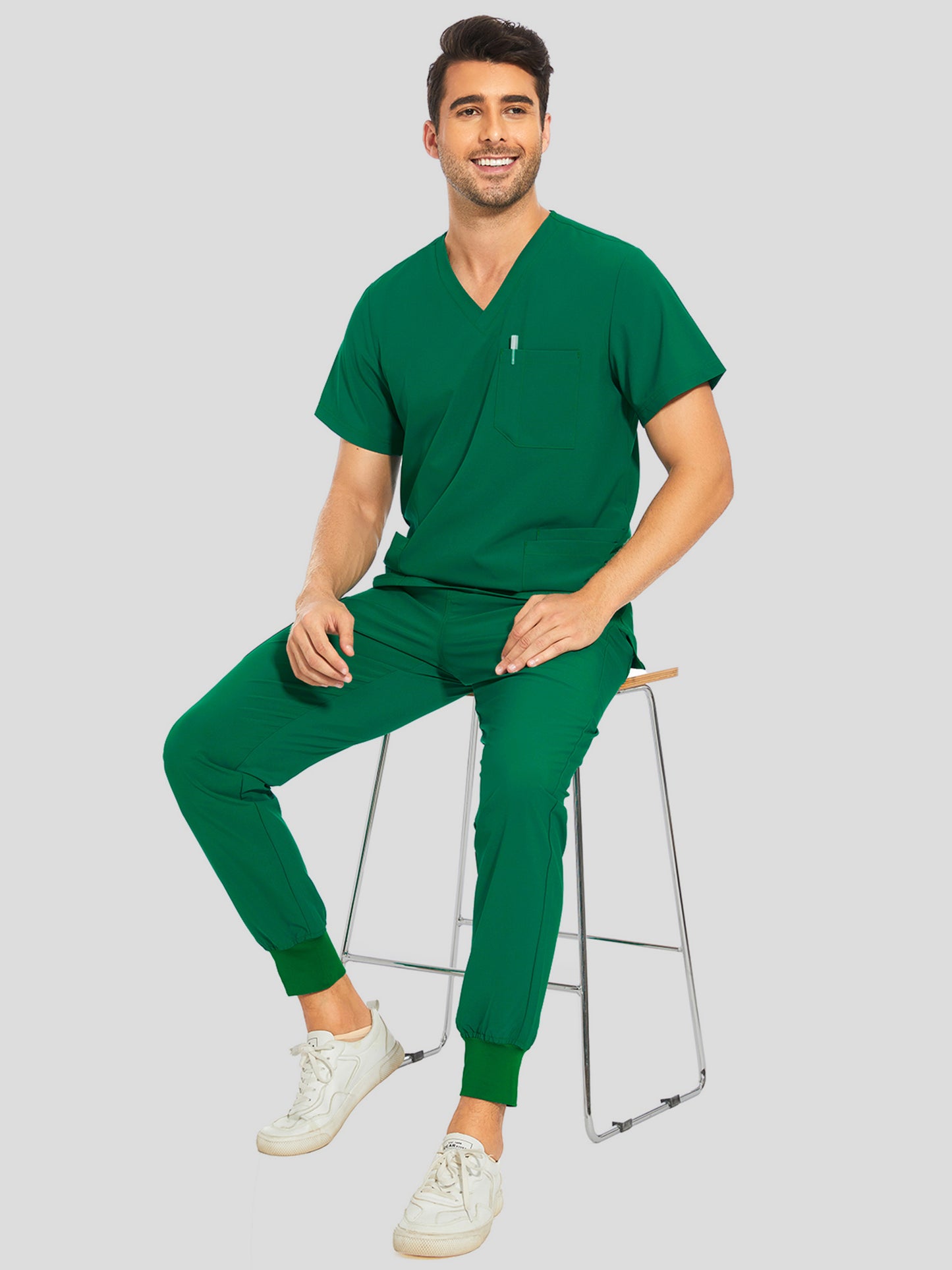 COZYFIT V-Neck Scrub Top & Jogger Pant with 8 Pockets, Yoga Waistband, Anti-Wrinkle Scrubs for Men