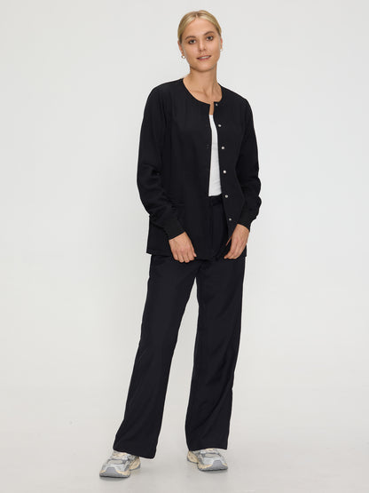 Women's 3-Pocket Snap Front Scrub Jacket, Black, Full-Length Front View
