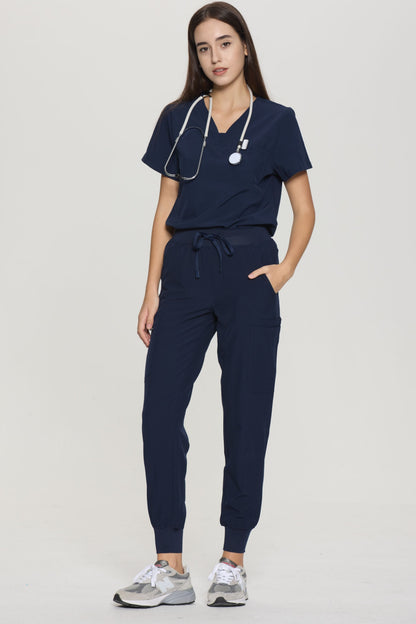 Women's 10-Pocket V-Neck Cargo Scrub Set, Navy Blue, Three-Quarter View