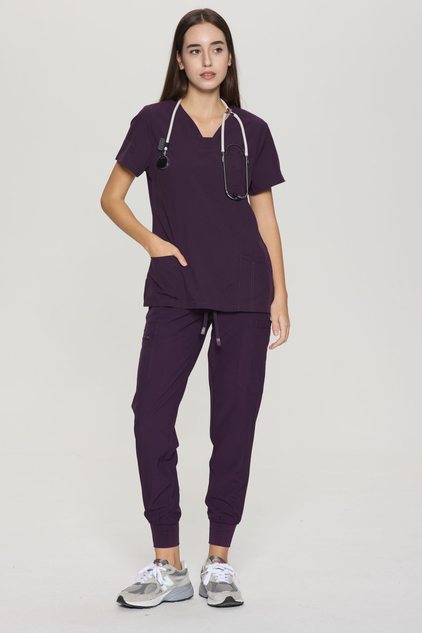 COZYFIT Slim Fit V-Neck Collar Patch Women Scrub Tops with 3 Pockets
