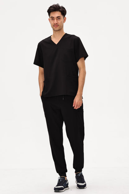 Men's 3-Pocket V-Neck Scrub Top, Black, Full-Length Front View