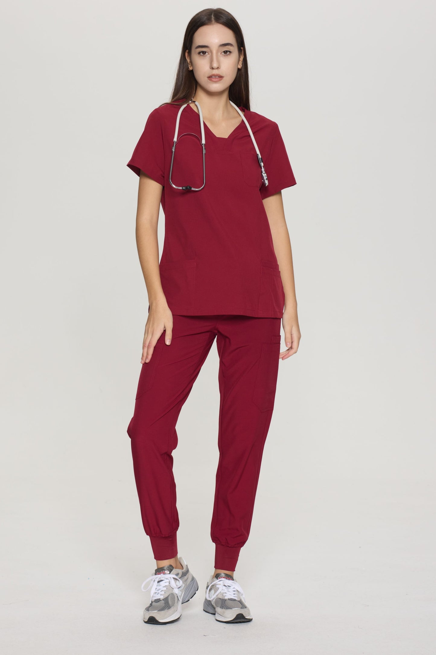 COZYFIT Slim Fit V-Neck Collar Patch Women Scrub Tops with 3 Pockets