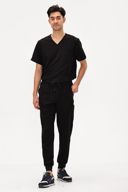 Men's 11-Pocket V-Neck Jogger Scrub Set, Black, Full-Length Front View