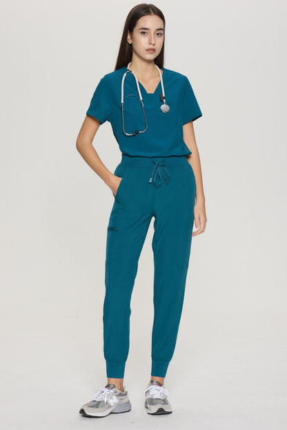 Women's 10-Pocket V-Neck Cargo Scrub Set, Caribbean Blue, Three-Quarter View