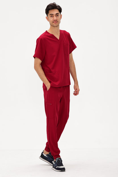 Men's 3-Pocket V-Neck Scrub Top, Burgundy, Three-Quarter View