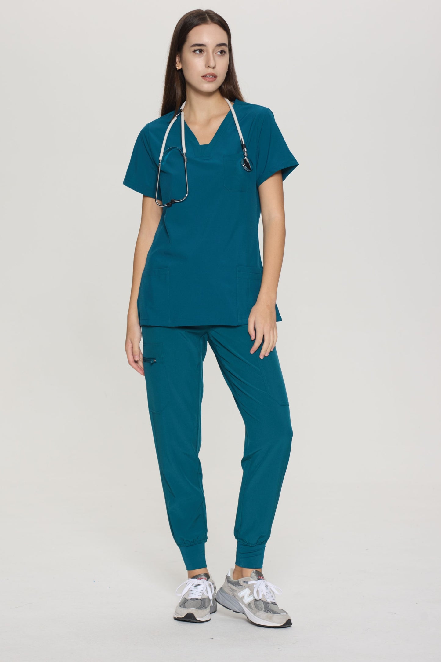 COZYFIT Slim Fit V-Neck Collar Patch Women Scrub Tops with 3 Pockets