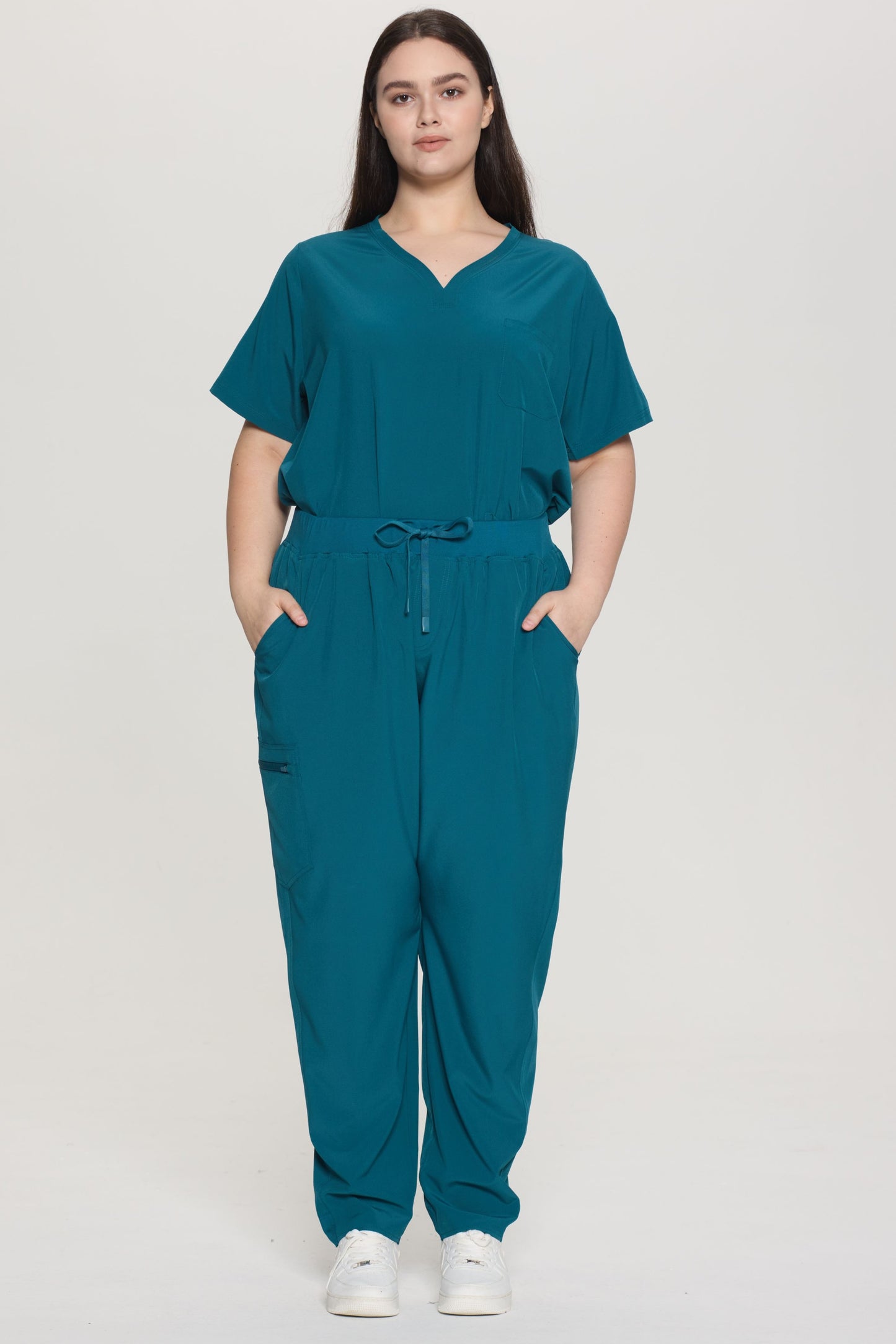 COZYFIT Curved V-Neck Scrub Top & Jogger Pants with 8 Pockets Scrub Sets