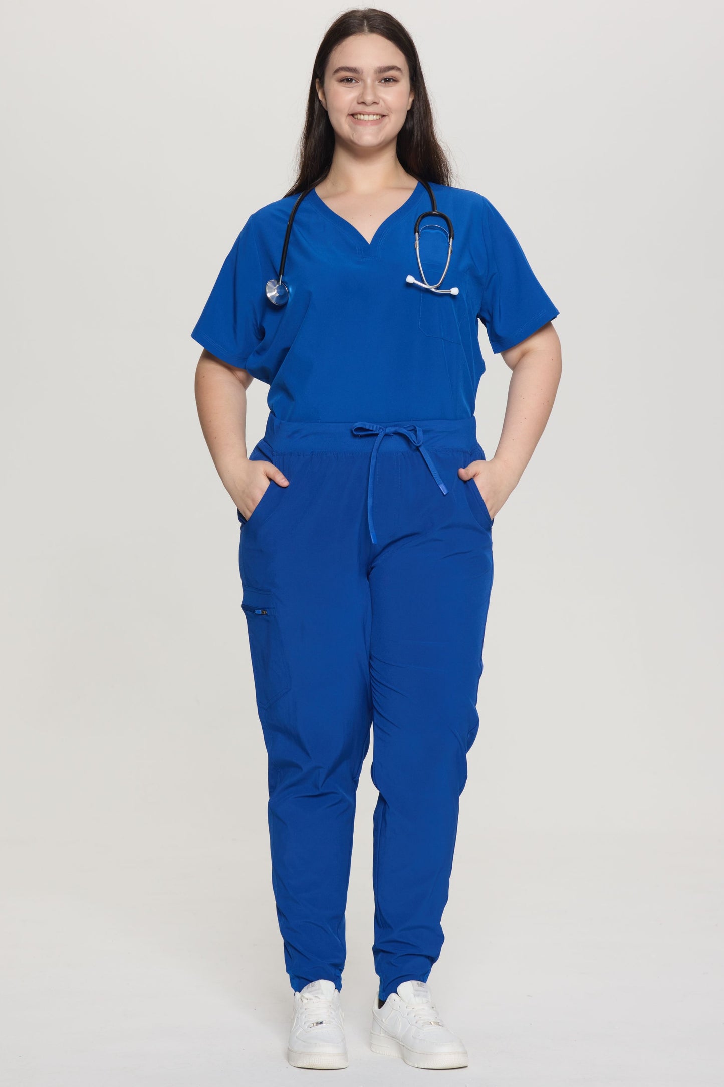COZYFIT Curved V-Neck Scrub Top & Jogger Pants with 8 Pockets Scrub Sets