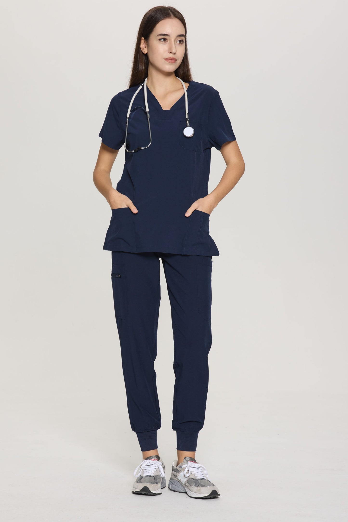 COZYFIT Slim Fit V-Neck Collar Patch Women Scrub Tops with 3 Pockets