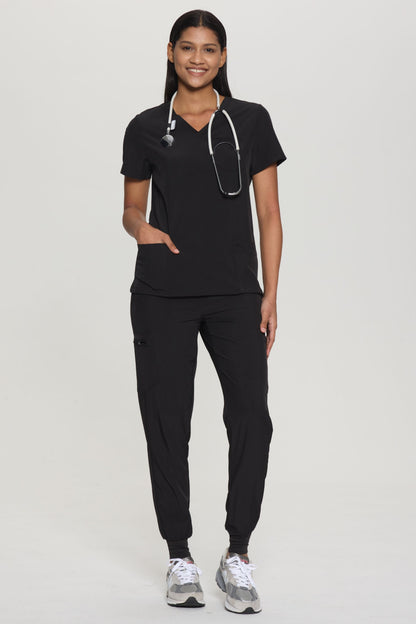 Women's 3-Pocket V-Neck Scrub Top, Black, Full-Length Front View
