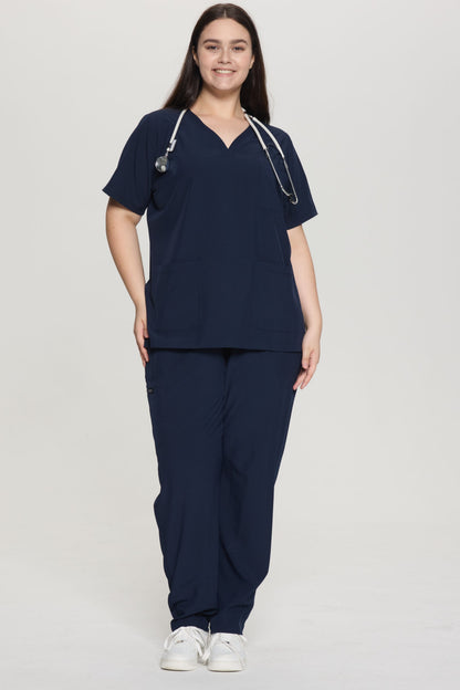 Women's Curved V-Neck 3-Pocket Scrub Top, Navy Blue, Full-Length Front View