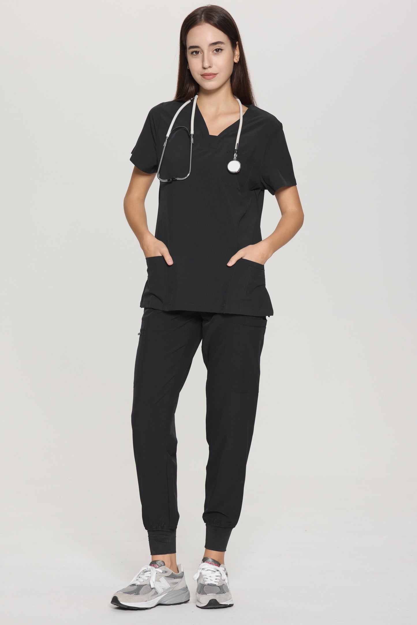 COZYFIT Slim Fit V-Neck Collar Patch Women Scrub Tops with 3 Pockets
