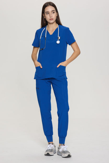 Women's Slim-Fit V-Neck Collar-Patch Scrub Top, Royal Blue, Full-Length Front View