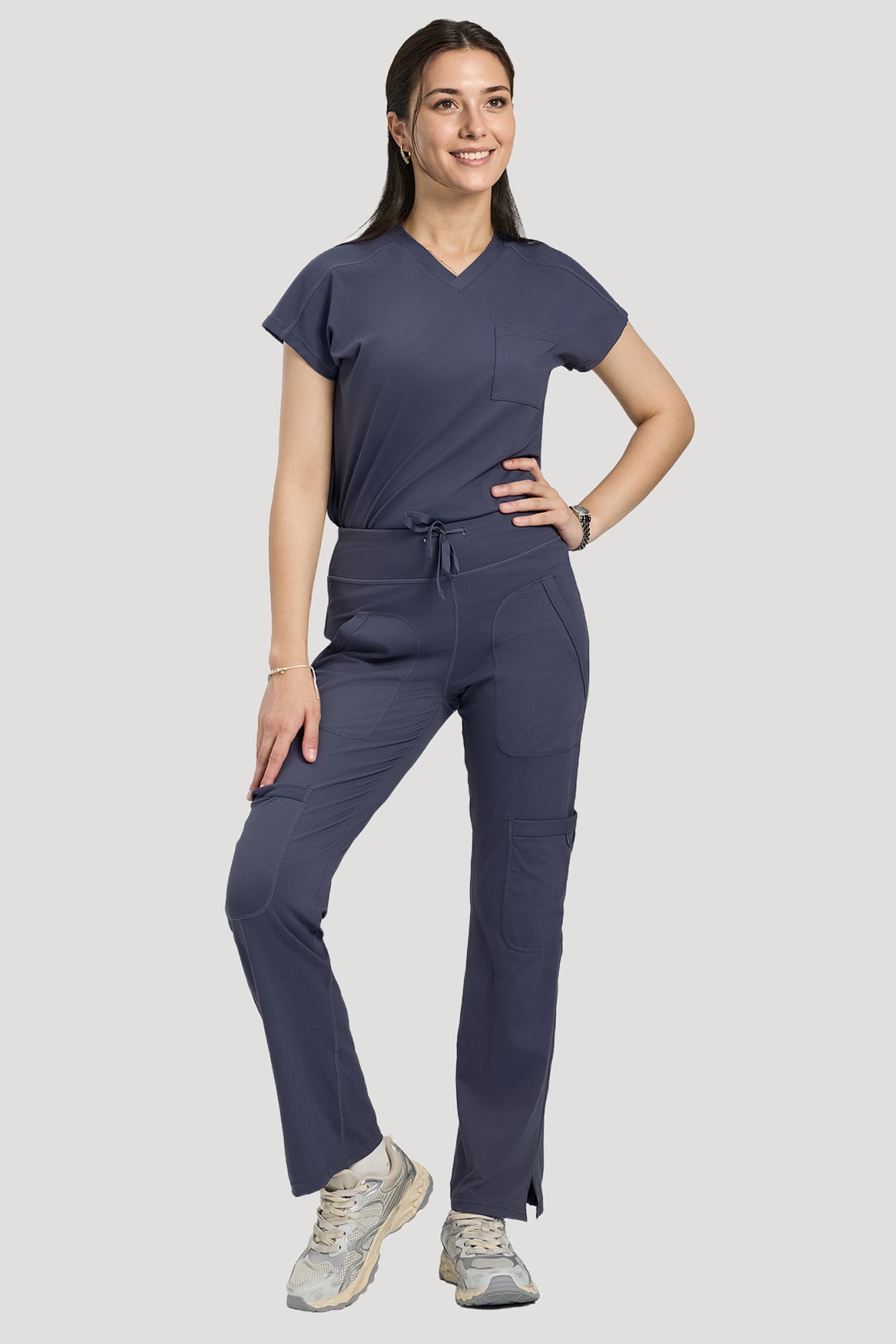 Scrubs for Women Set, V Neck Top & Straight Leg Pants | 6 Pockets, High Elastic Soft Fabric, Drop Shoulder, Slit Hem Yoga Scrub Pants for Easy Movement