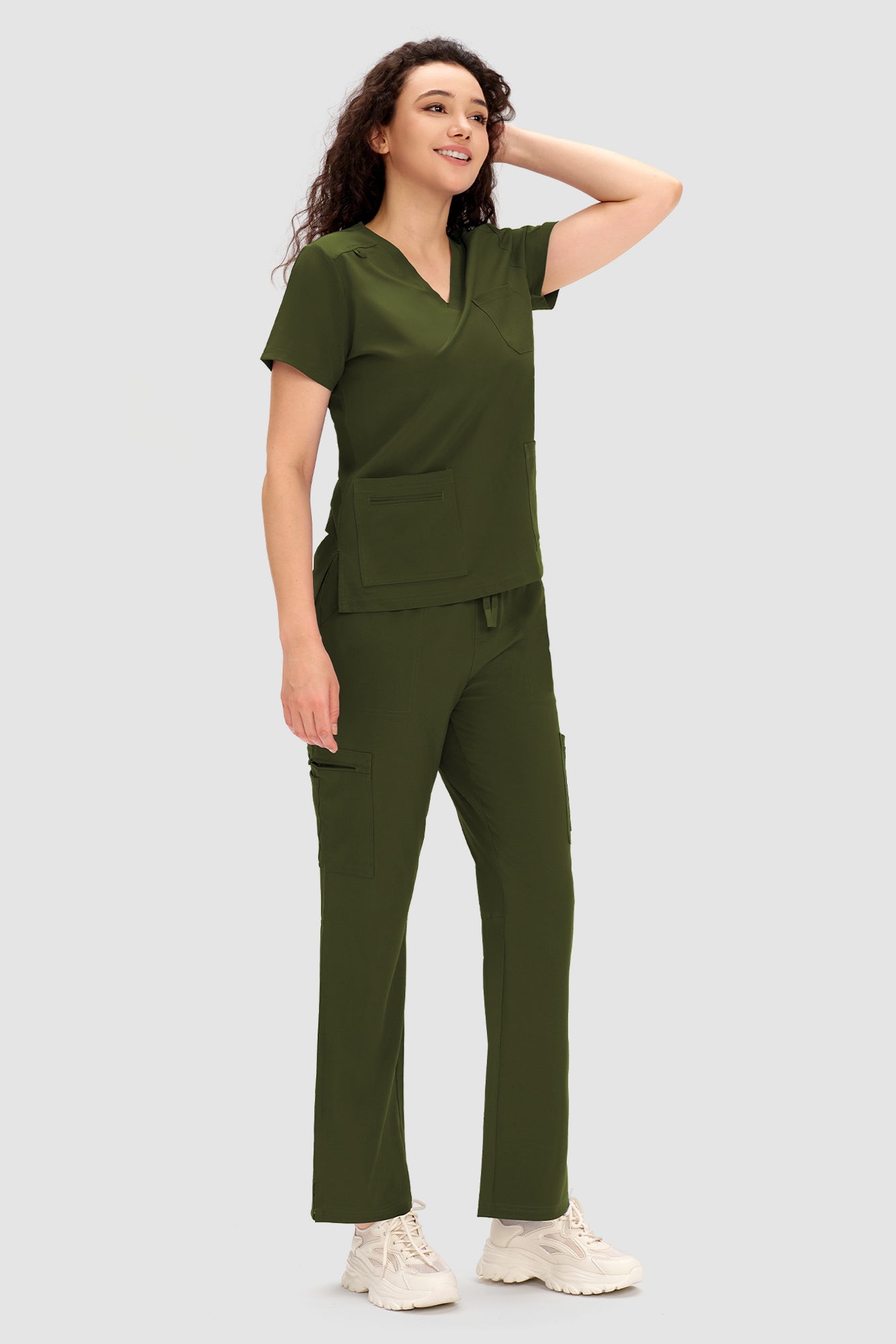 COZYFIT Scrubs for Women - V Neck Top and Bootcut Cargo Straight Pants with 12 Pockets
