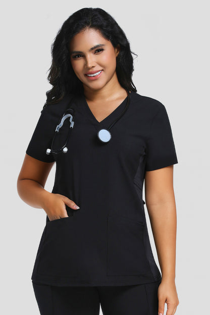 Women's Maternity V-Neck Scrub Top, Black, Model Front View
