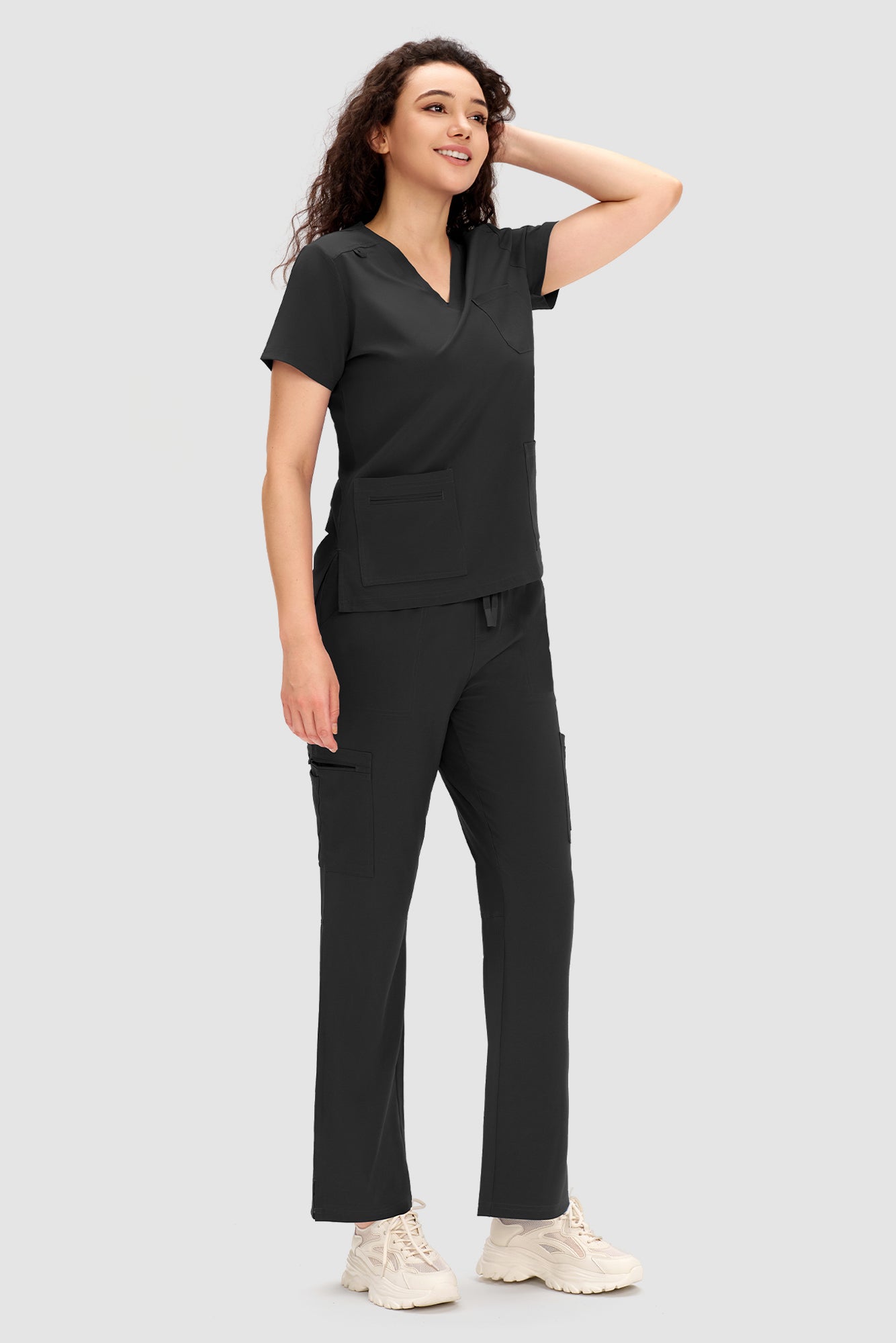 COZYFIT Scrubs for Women - V Neck Top and Bootcut Cargo Straight Pants with 12 Pockets