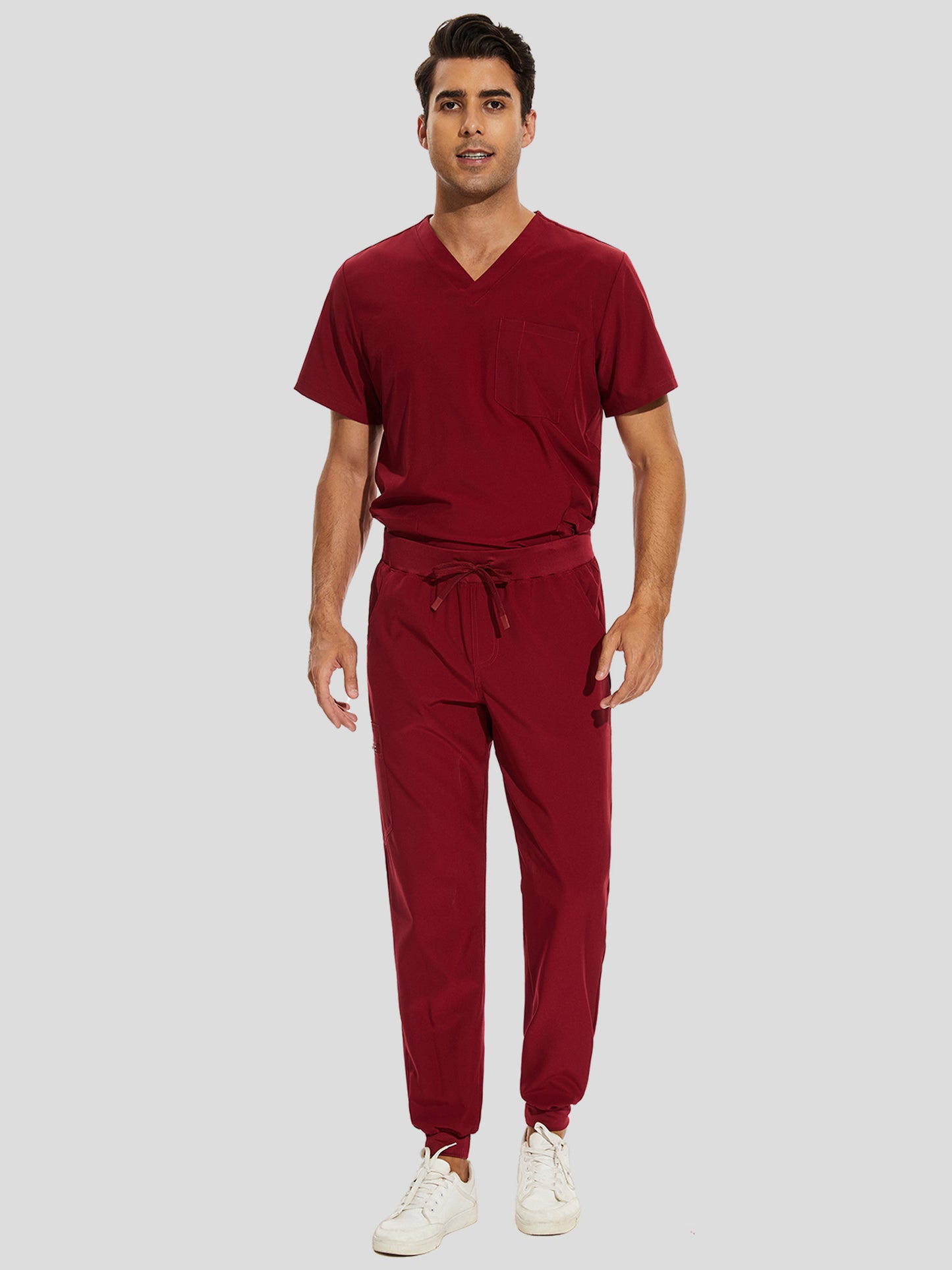 COZYFIT V-Neck Scrub Top & Jogger Pant with 8 Pockets, Yoga Waistband, Anti-Wrinkle Scrubs for Men