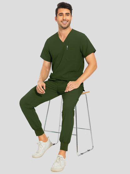 Men's 8-Pocket V-Neck Scrub Set, Army green, Model Front View