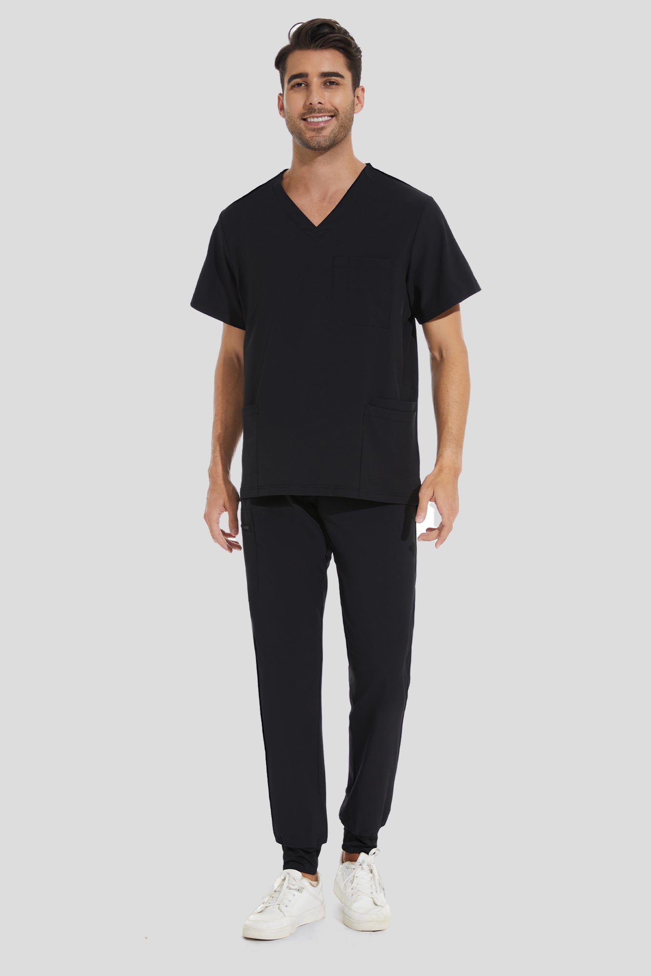 COZYFIT V-Neck Scrub Top & Jogger Pant with 8 Pockets, Yoga Waistband, Anti-Wrinkle Scrubs for Men