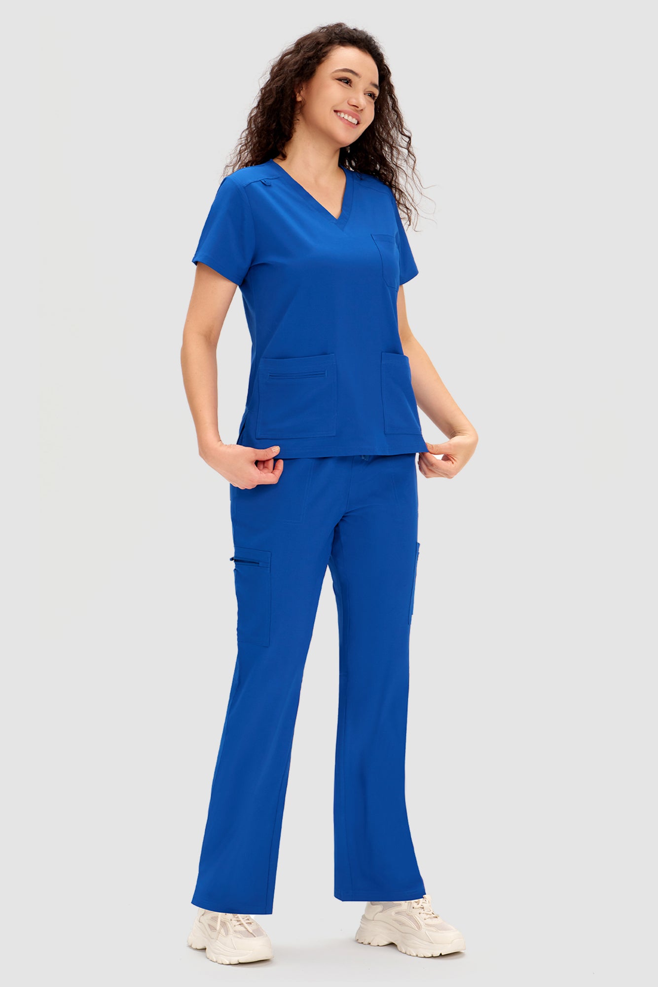 COZYFIT Scrubs for Women - V Neck Top and Bootcut Cargo Straight Pants with 12 Pockets