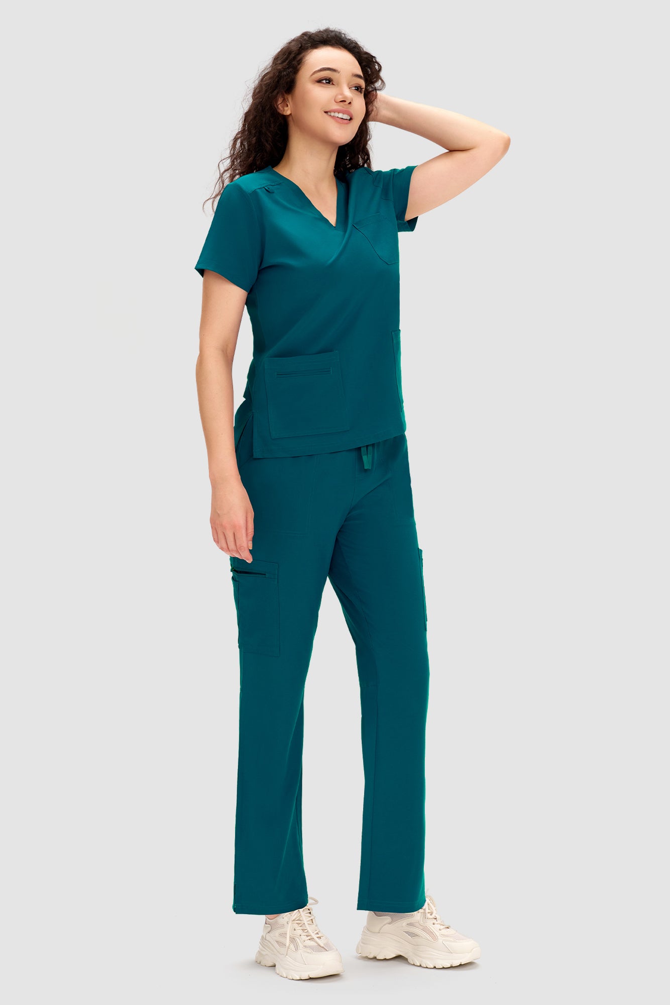 COZYFIT Scrubs for Women - V Neck Top and Bootcut Cargo Straight Pants with 12 Pockets