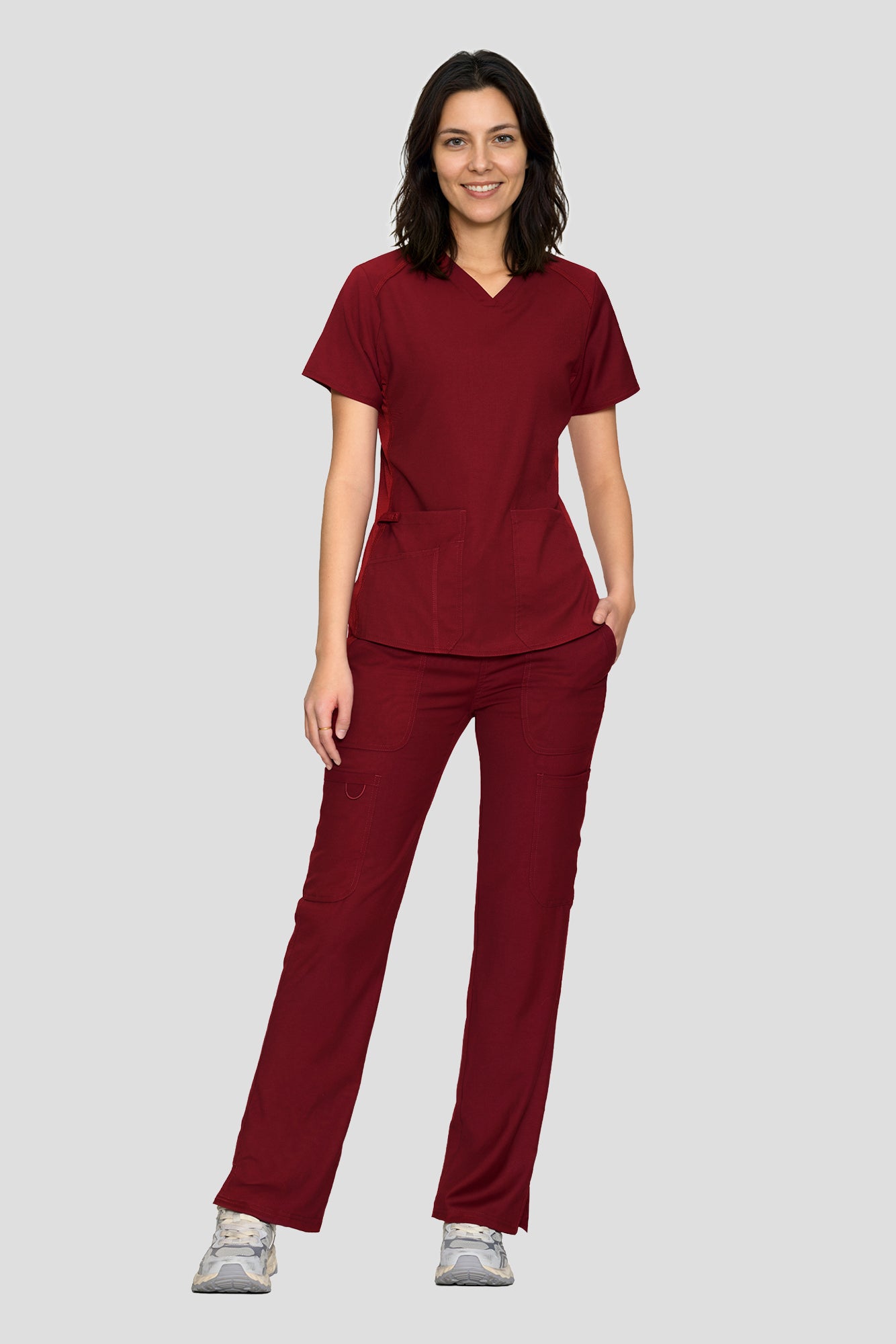 Scrubs for Women Set, V-Neck Top & Straight Leg Cargo Pants. 9 Pockets. Side Ribbed Panels, Side Slits, Ultra-Soft Stretch Fabric, Breathable Medical Uniform for Workwear