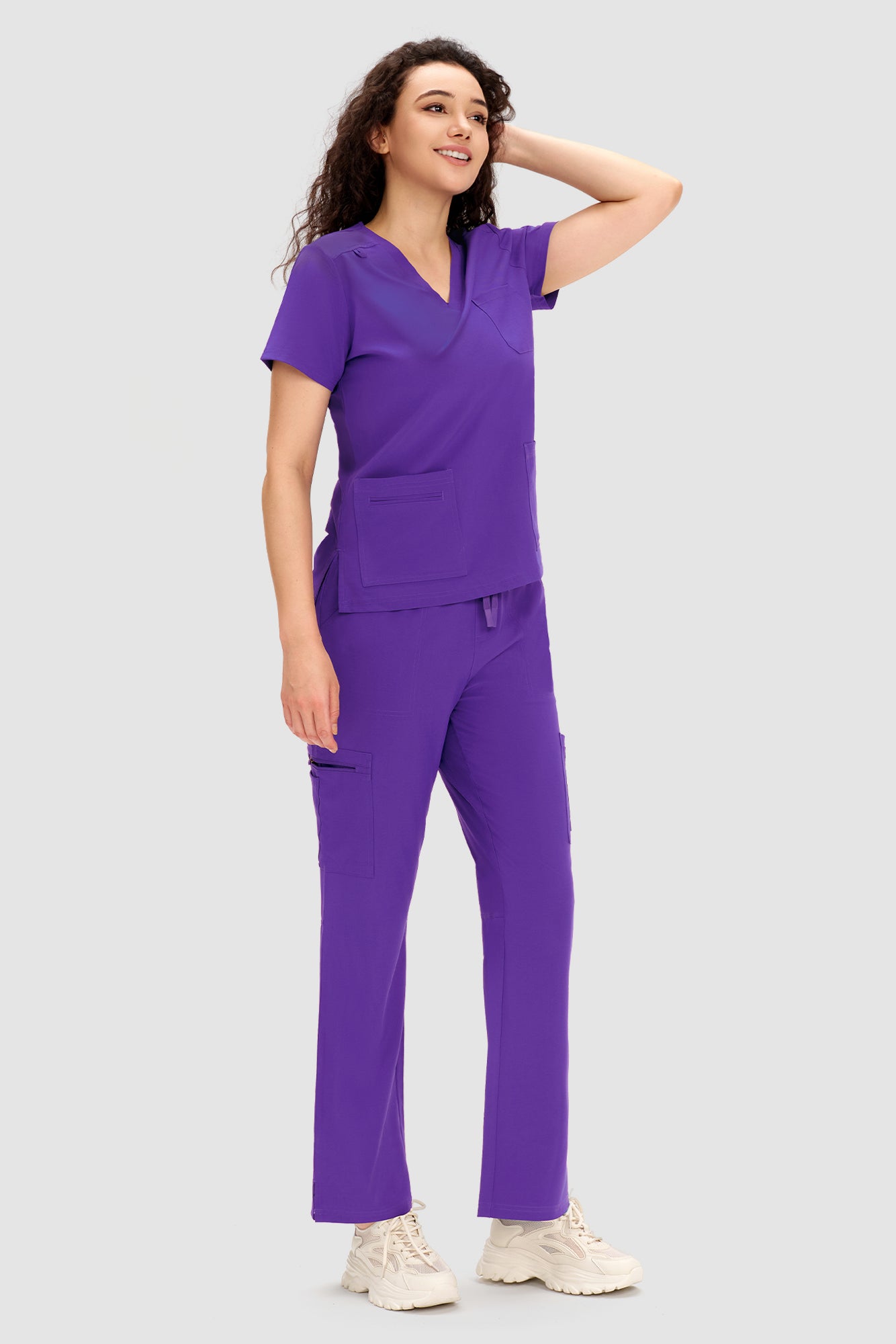 COZYFIT Scrubs for Women - V Neck Top and Bootcut Cargo Straight Pants with 12 Pockets