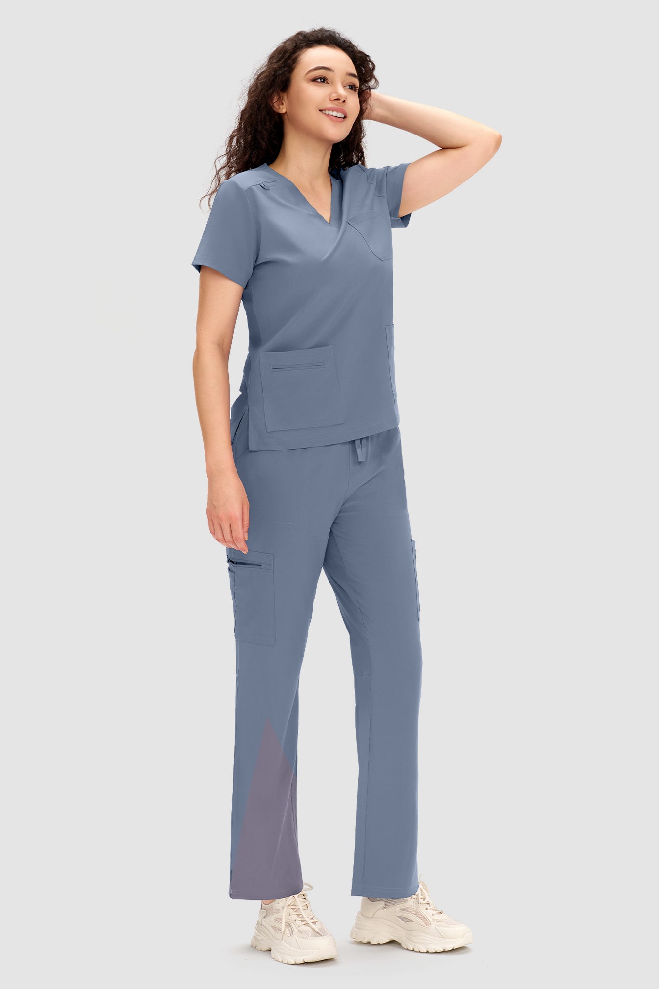 COZYFIT Scrubs for Women - V Neck Top and Bootcut Cargo Straight Pants with 12 Pockets