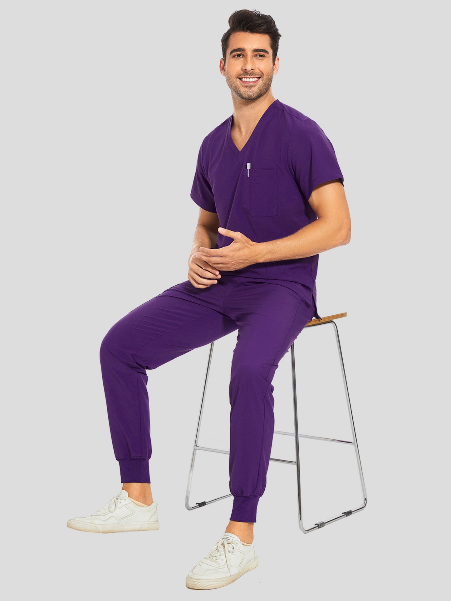 COZYFIT V-Neck Scrub Top & Jogger Pant with 8 Pockets, Yoga Waistband, Anti-Wrinkle Scrubs for Men