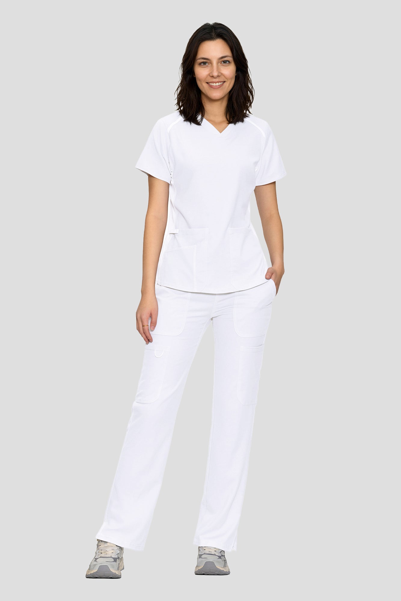 Scrubs for Women Set, V-Neck Top & Straight Leg Cargo Pants. 9 Pockets. Side Ribbed Panels, Side Slits, Ultra-Soft Stretch Fabric, Breathable Medical Uniform for Workwear