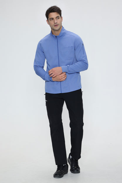 Men's 5-Pocket Zip-Front Scrub Jacket, Ceil Blue, Full-Length Front View