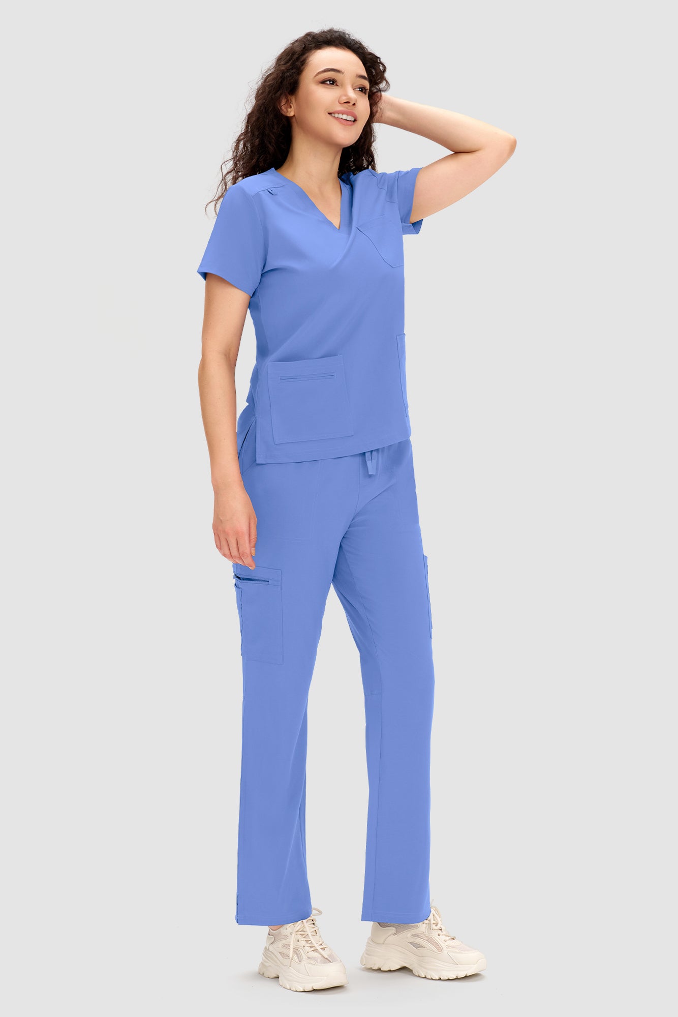 COZYFIT Scrubs for Women - V Neck Top and Bootcut Cargo Straight Pants with 12 Pockets