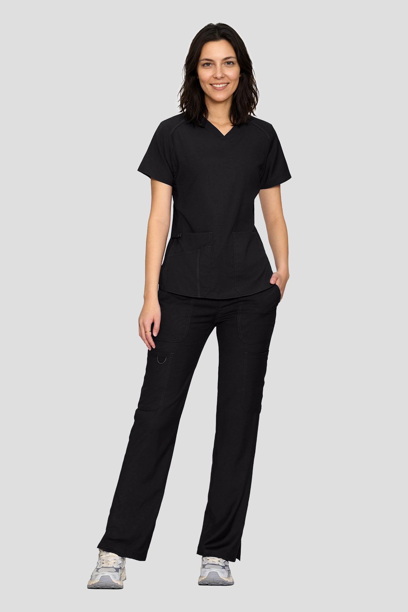 Scrubs for Women Set, V-Neck Top & Straight Leg Cargo Pants. 9 Pockets. Side Ribbed Panels, Side Slits, Ultra-Soft Stretch Fabric, Breathable Medical Uniform for Workwear