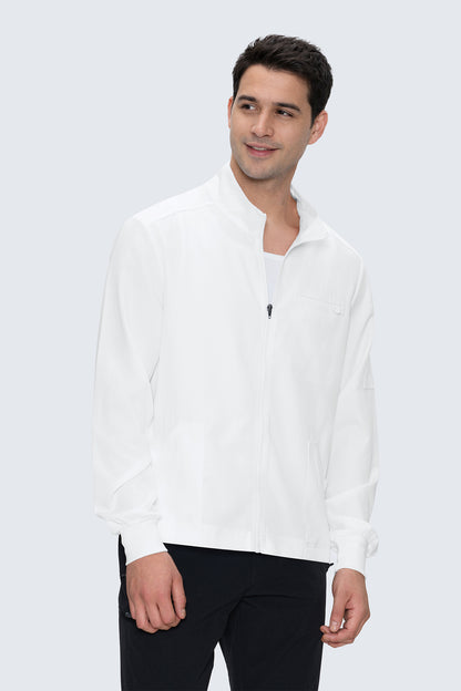 Men's 5-Pocket Zip-Front Scrub Jacket, White, Model Front View