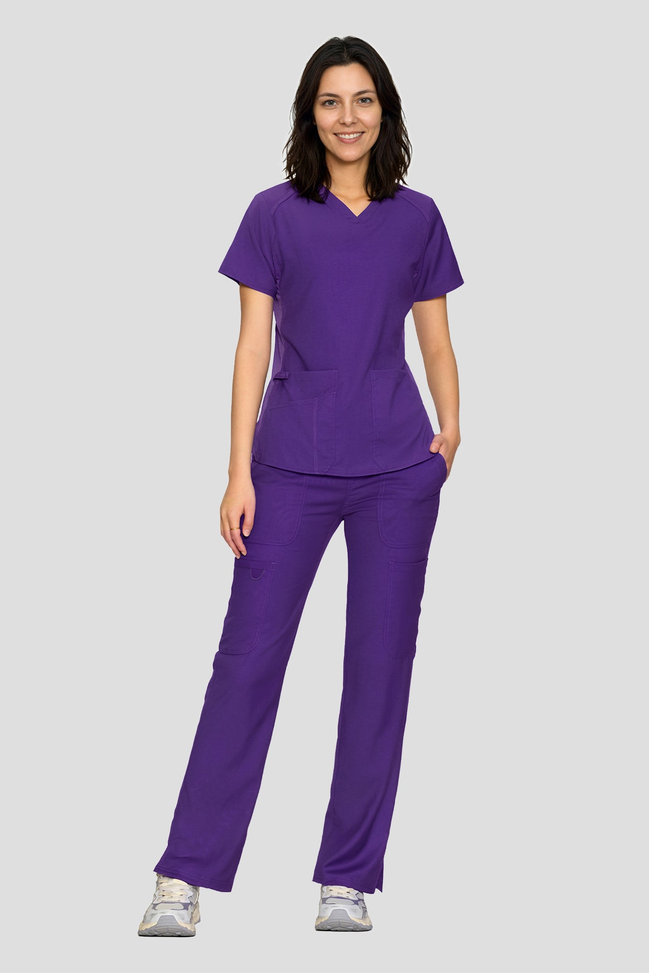 Scrubs for Women Set, V-Neck Top & Straight Leg Cargo Pants. 9 Pockets. Side Ribbed Panels, Side Slits, Ultra-Soft Stretch Fabric, Breathable Medical Uniform for Workwear