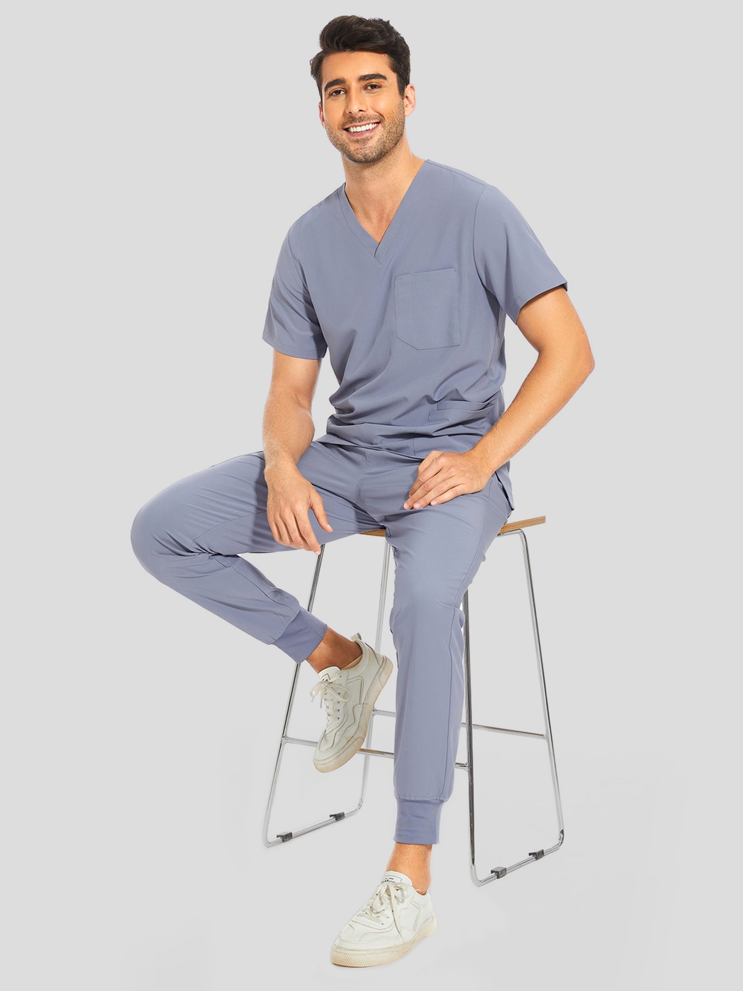 COZYFIT V-Neck Scrub Top & Jogger Pant with 8 Pockets, Yoga Waistband, Anti-Wrinkle Scrubs for Men