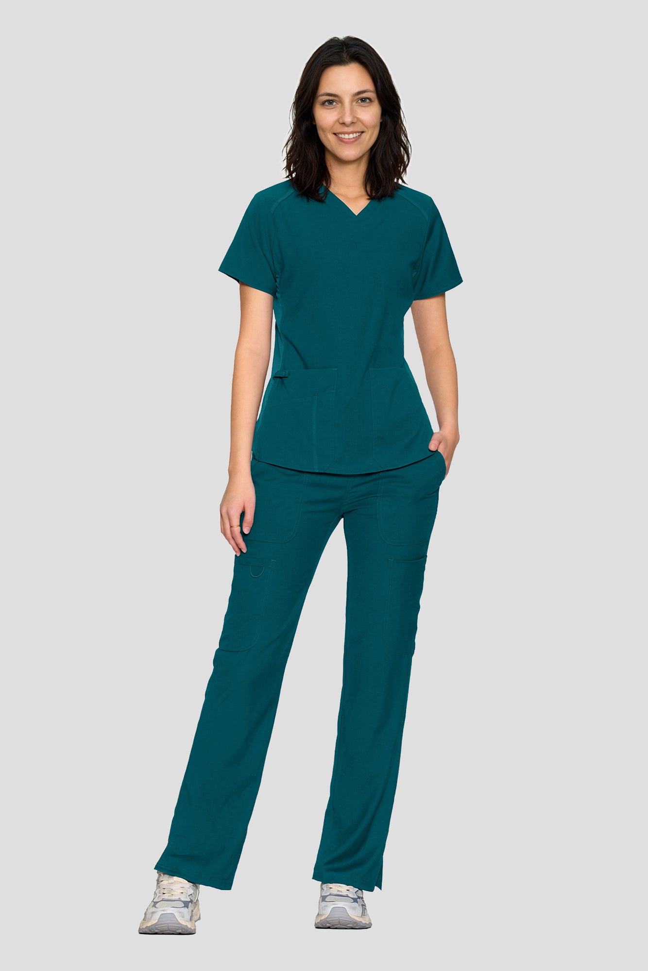 Scrubs for Women Set, V-Neck Top & Straight Leg Cargo Pants. 9 Pockets. Side Ribbed Panels, Side Slits, Ultra-Soft Stretch Fabric, Breathable Medical Uniform for Workwear