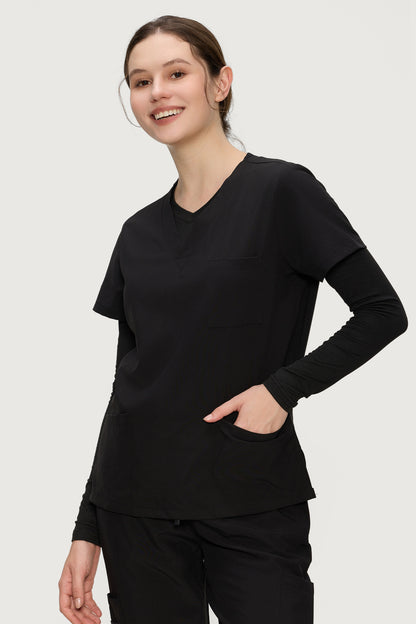 Women's V-Neck Long-Sleeve Underscrub Top, Black, Worn Under Scrubs View