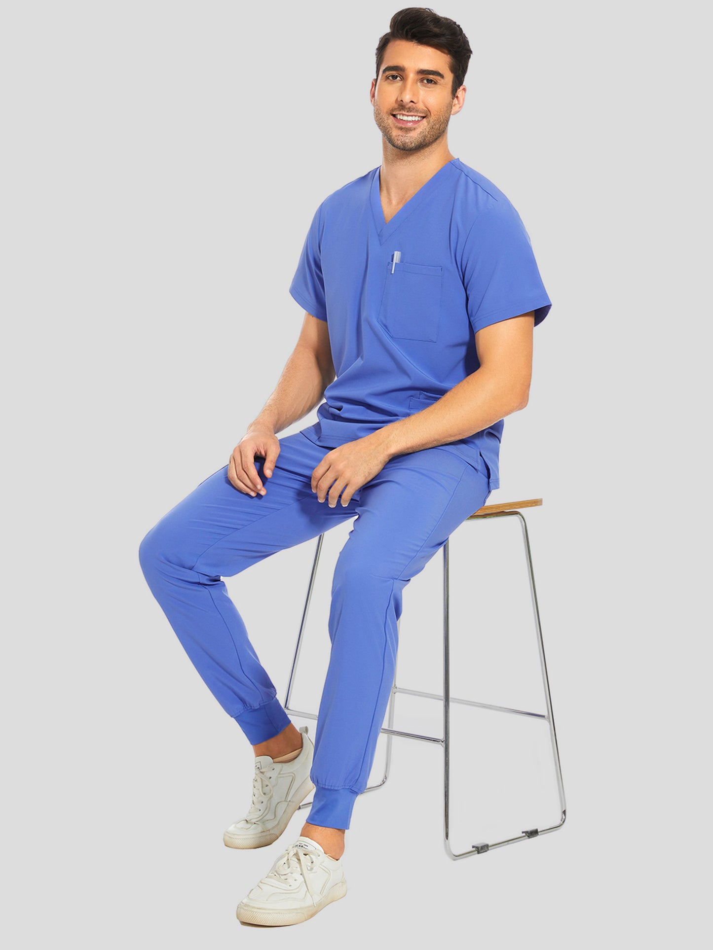 COZYFIT V-Neck Scrub Top & Jogger Pant with 8 Pockets, Yoga Waistband, Anti-Wrinkle Scrubs for Men