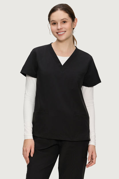 Women's Long-Sleeve Scoop Neck Underscrub Top, White, Model Front View