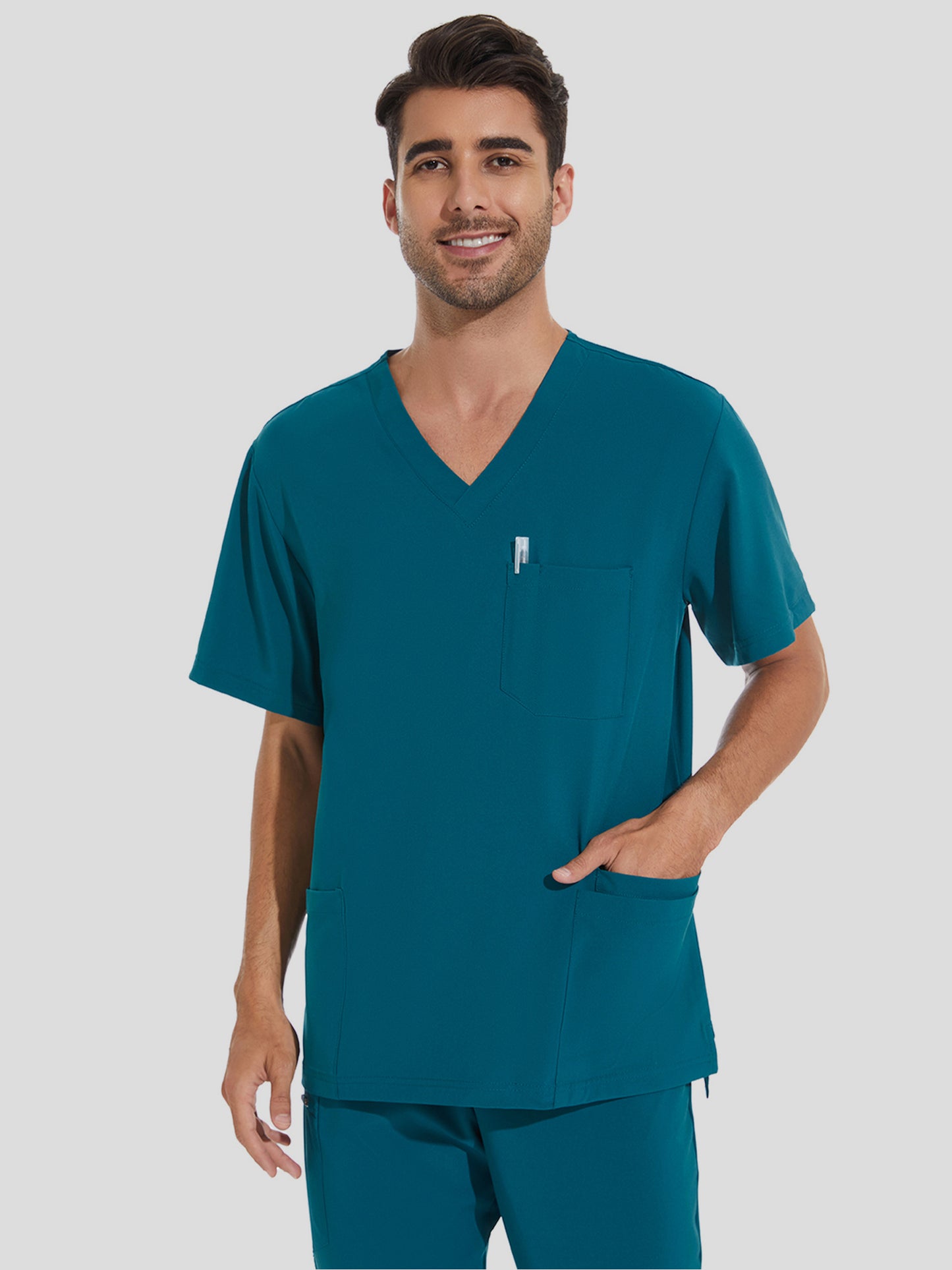 COZYFIT V-Neck Scrub Top & Jogger Pant with 8 Pockets, Yoga Waistband, Anti-Wrinkle Scrubs for Men