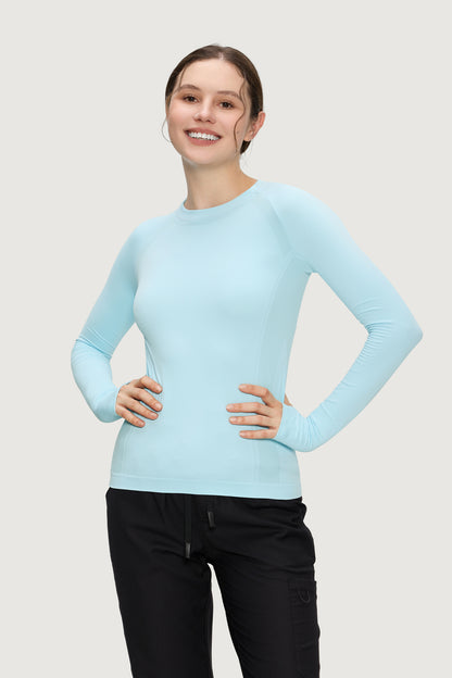 Women's Long-Sleeve Underscrub Top, Baby Blue, Model Front View