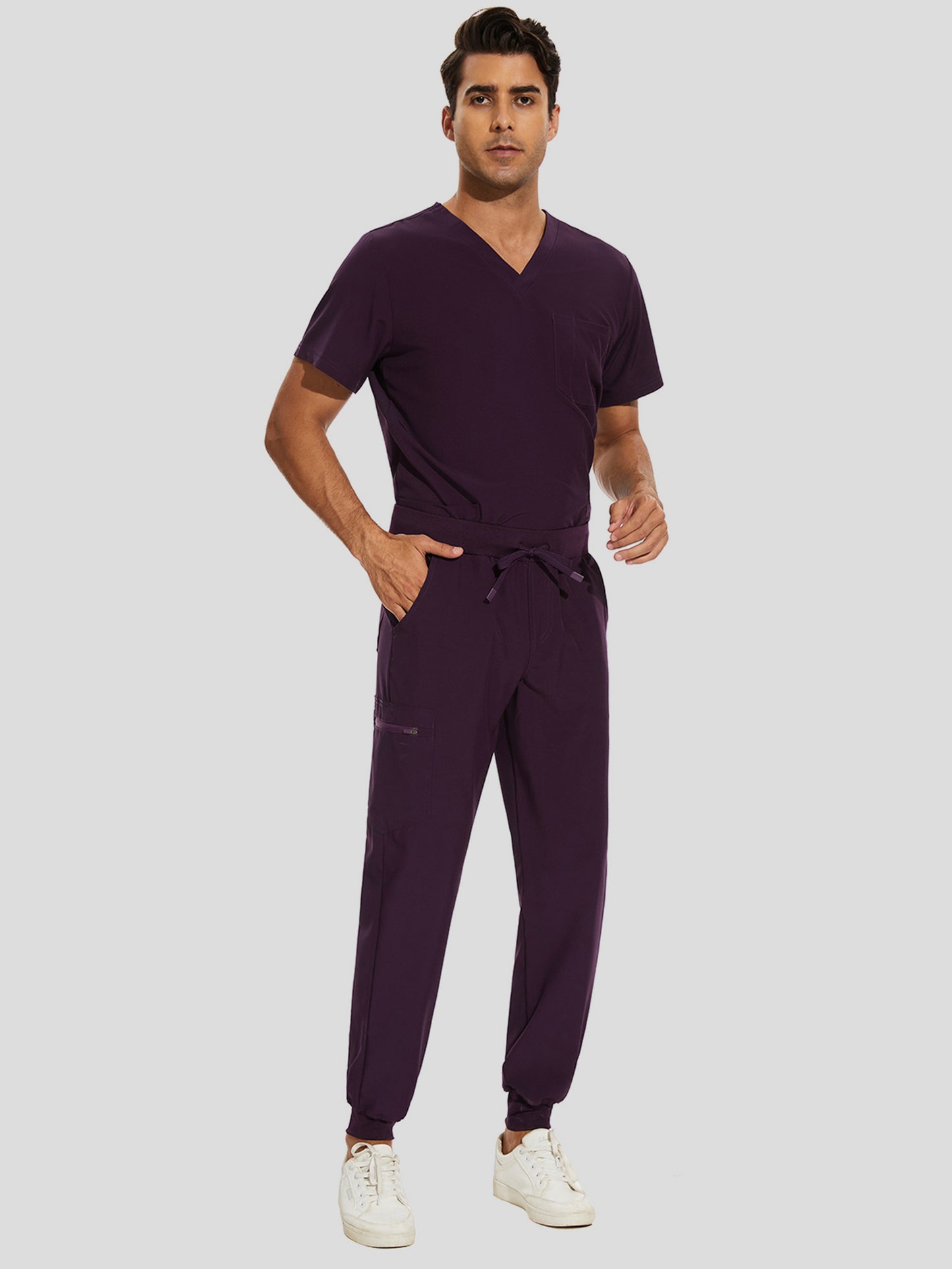 COZYFIT V-Neck Scrub Top & Jogger Pant with 8 Pockets, Yoga Waistband, Anti-Wrinkle Scrubs for Men